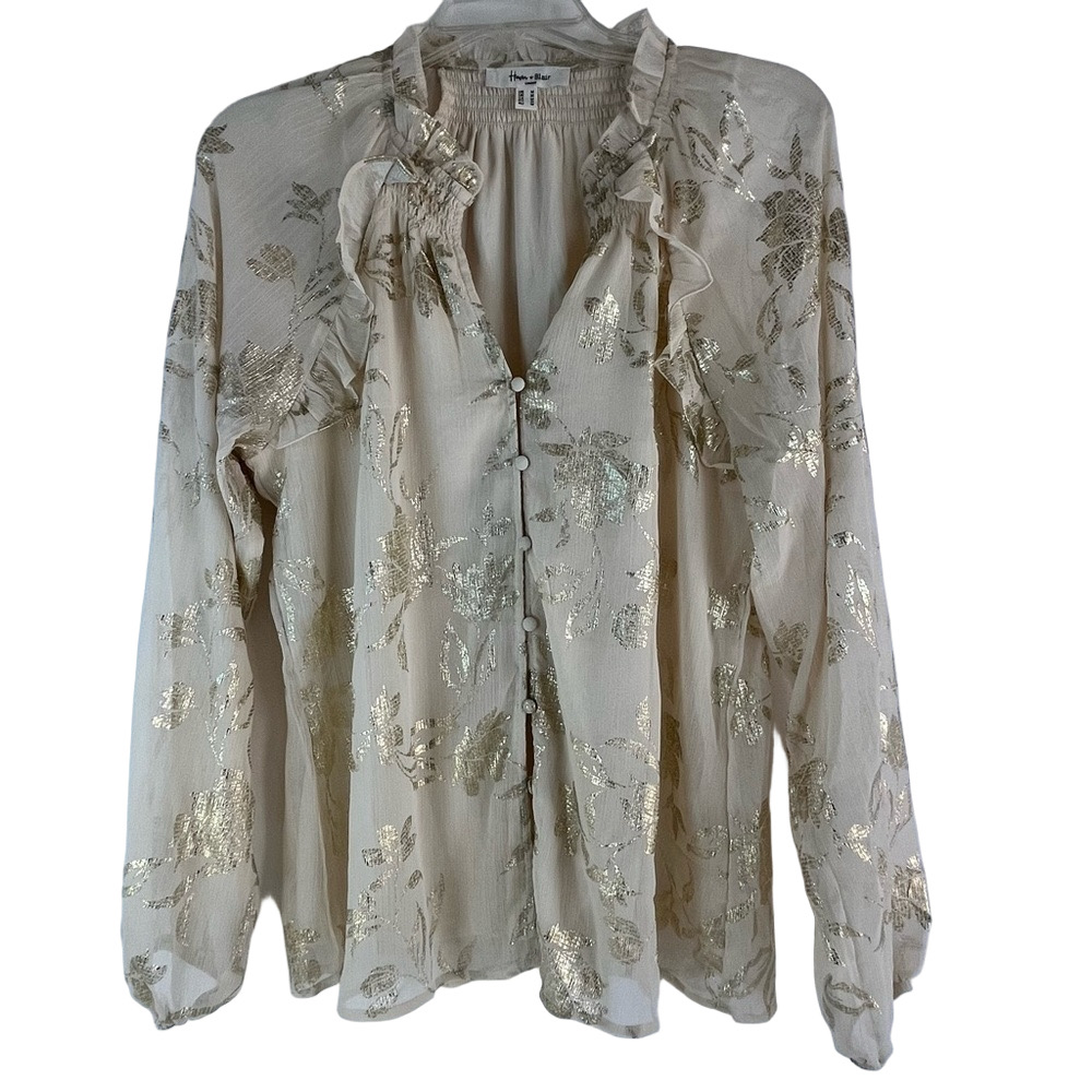 Haver Blair London Boho Top shirt Blouse Tunic Long Sleeve Ivory Pullover MED